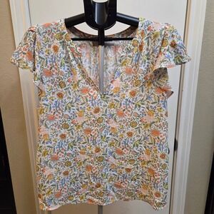 LOFT Women Multicolor Floral Flutter Sleeve Split V-Neck Blouse Size M